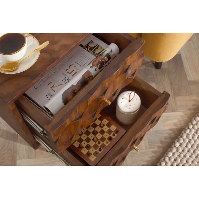 Table de chevet / Beistelltisch MYSTIC salon 40 cm – Bois massif d’acacia brun avec surface 3D sculptée à la main Table de chevet / Beistelltisch MYSTIC salon 40 cm – Bois massif d’acacia brun avec surface 3D sculptée à la main