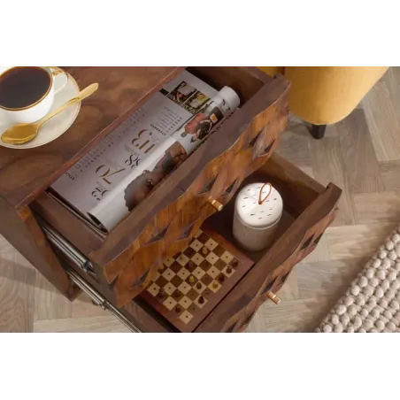 Table de chevet / Beistelltisch MYSTIC salon 40 cm – Bois massif d’acacia brun avec surface 3D sculptée à la main