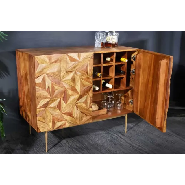 Bar en bois massif ALPINE 90 cm – Sheesham finition stone & pieds métal doré mat – Style rétro artisanal