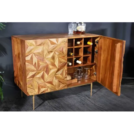 Bar en bois massif ALPINE 90 cm – Sheesham finition stone & pieds métal doré mat – Style rétro artisanal