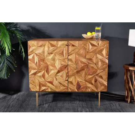 Bar en bois massif ALPINE 90 cm – Sheesham finition stone & pieds métal doré mat – Style rétro artisanal 2