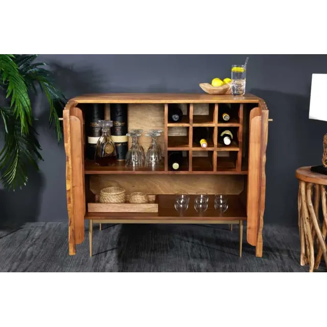Bar en bois massif ALPINE 90 cm – Sheesham finition stone & pieds métal doré mat – Style rétro artisanal