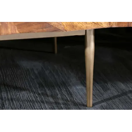 Bar en bois massif ALPINE 90 cm – Sheesham finition stone & pieds métal doré mat – Style rétro artisanal