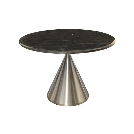 Table ronde ELEGANCIA 130 cm – Plateau en marbre noir et pied colonne en acier chromé
