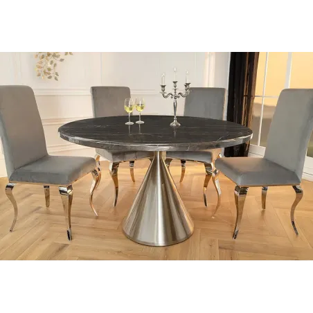 Table ronde ELEGANCIA 130 cm – Plateau en marbre noir et pied colonne en acier chromé