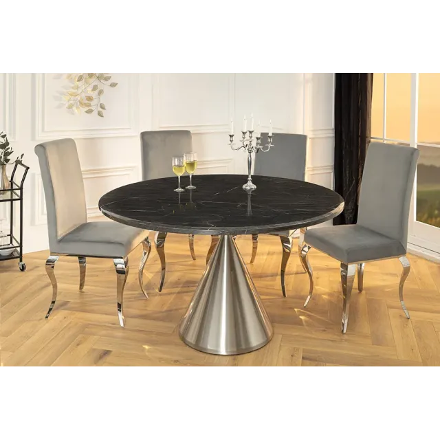 Table ronde ELEGANCIA 130 cm – Plateau en marbre noir et pied colonne en acier chromé