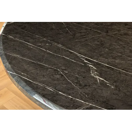 Table ronde ELEGANCIA 130 cm – Plateau en marbre noir et pied colonne en acier chromé
