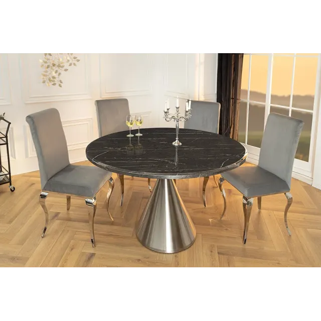 Table ronde ELEGANCIA 130 cm – Plateau en marbre noir et pied colonne en acier chromé