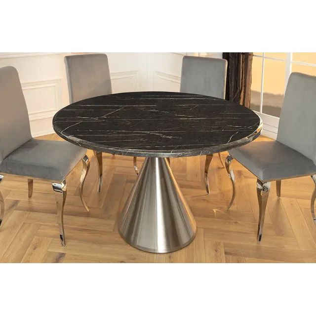 Table ronde ELEGANCIA 130 cm – Plateau en marbre noir et pied colonne en acier chromé