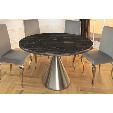 Table ronde ELEGANCIA 130 cm – Plateau en marbre noir et pied colonne en acier chromé