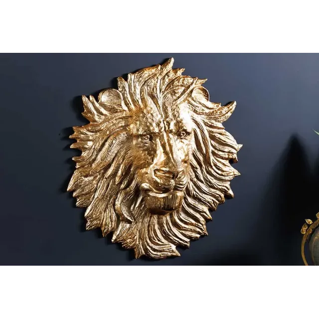 Décoration murale WILDLIFE LION 35 cm – Sculpture tête de lion dorée en métal, handmade