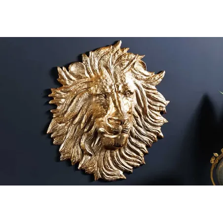 Décoration murale WILDLIFE LION 35 cm – Sculpture tête de lion dorée en métal, handmade