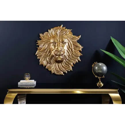 Décoration murale WILDLIFE LION 60 cm – Sculpture tête de lion dorée en métal, handmade