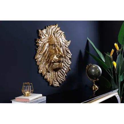 Décoration murale WILDLIFE LION 60 cm – Sculpture tête de lion dorée en métal, handmade 2
