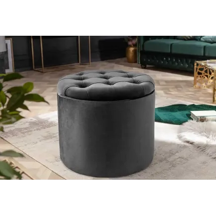 Pouf rond moderne baroque 50 cm – Velours gris avec rangement intégré