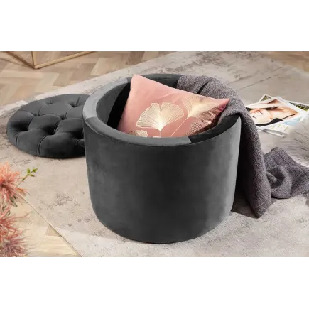 Pouf rond moderne baroque 50 cm – Velours gris avec rangement intégré 2