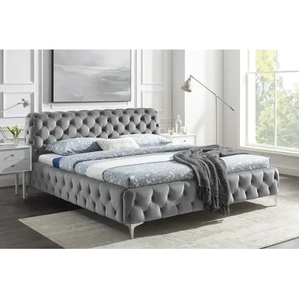 Lit double MODERN BAROCK 180x200 cm – Velours gris Chesterfield avec pieds argentés