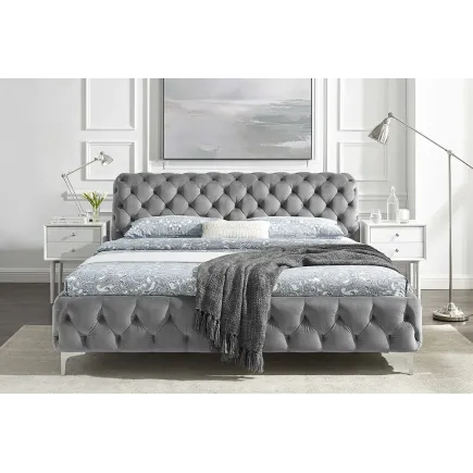 Lit double MODERN BAROCK 180x200 cm – Velours gris Chesterfield avec pieds argentés 2