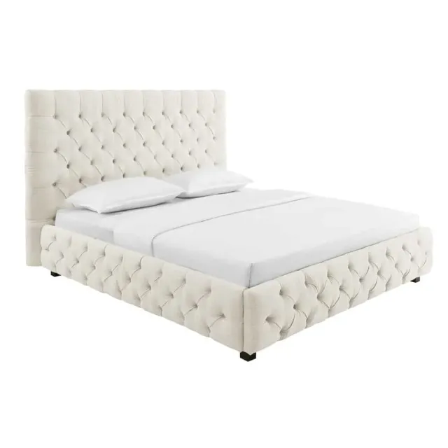 Design Boxbett PARIS 180x200cm – Lit double Chesterfield en lin beige