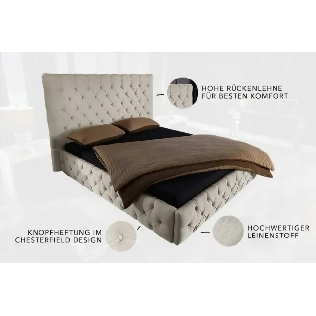 Design Boxbett PARIS 180x200cm – Lit double Chesterfield en lin beige