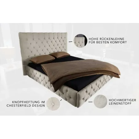 Design Boxbett PARIS 180x200cm – Lit double Chesterfield en lin beige