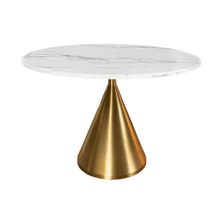 Runder Esstisch ELEGANCIA 130cm – Table ronde en marbre blanc avec pied colonne métal doré champagne