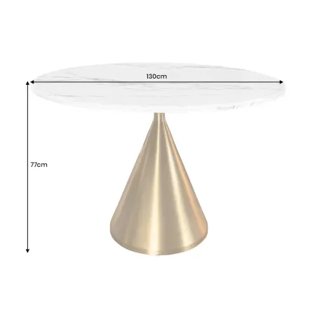 Runder Esstisch ELEGANCIA 130cm – Table ronde en marbre blanc avec pied colonne métal doré champagne