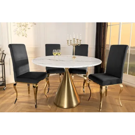 Runder Esstisch ELEGANCIA 130cm – Table ronde en marbre blanc avec pied colonne métal doré champagne 2