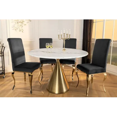 Runder Esstisch ELEGANCIA 130cm – Table ronde en marbre blanc avec pied colonne métal doré champagne