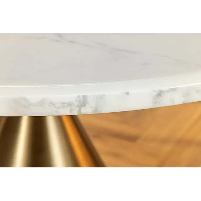 Runder Esstisch ELEGANCIA 130cm – Table ronde en marbre blanc avec pied colonne métal doré champagne