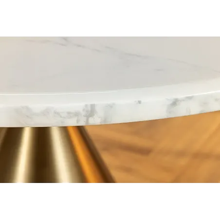 Runder Esstisch ELEGANCIA 130cm – Table ronde en marbre blanc avec pied colonne métal doré champagne
