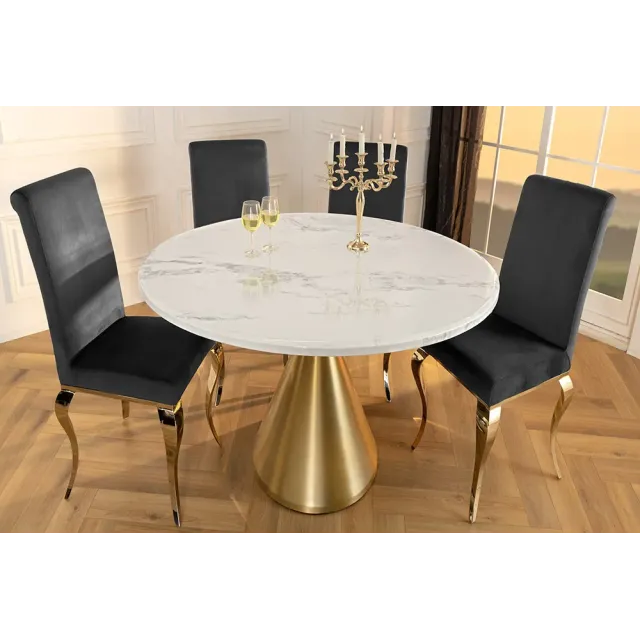Runder Esstisch ELEGANCIA 130cm – Table ronde en marbre blanc avec pied colonne métal doré champagne