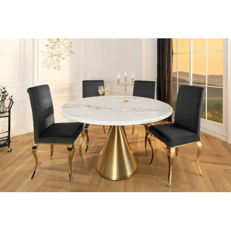 Runder Esstisch ELEGANCIA 130cm – Table ronde en marbre blanc avec pied colonne métal doré champagne