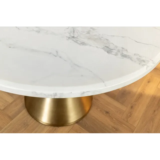 Runder Esstisch ELEGANCIA 130cm – Table ronde en marbre blanc avec pied colonne métal doré champagne