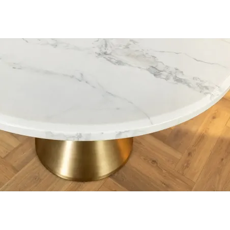 Runder Esstisch ELEGANCIA 130cm – Table ronde en marbre blanc avec pied colonne métal doré champagne