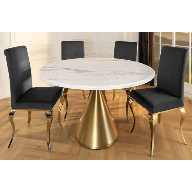Runder Esstisch ELEGANCIA 130cm – Table ronde en marbre blanc avec pied colonne métal doré champagne