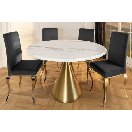 Runder Esstisch ELEGANCIA 130cm – Table ronde en marbre blanc avec pied colonne métal doré champagne