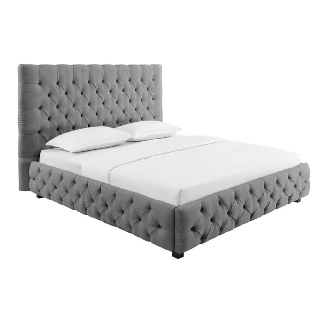Design Boxbett PARIS 180x200cm – Lit double Chesterfield en lin gris avec cadre robuste