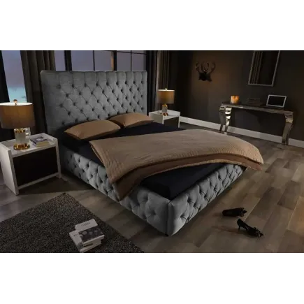 Design Boxbett PARIS 180x200cm – Lit double Chesterfield en lin gris avec cadre robuste