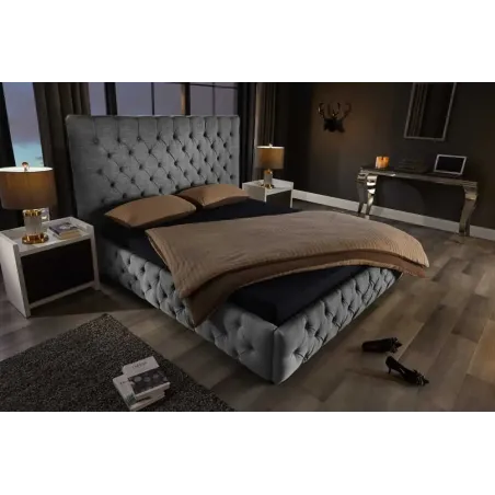 Design Boxbett PARIS 180x200cm – Lit double Chesterfield en lin gris avec cadre robuste