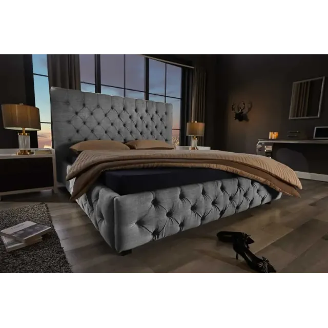 Design Boxbett PARIS 180x200cm – Lit double Chesterfield en lin gris avec cadre robuste