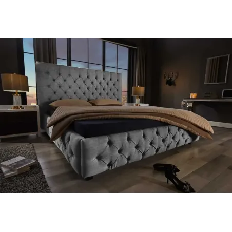 Design Boxbett PARIS 180x200cm – Lit double Chesterfield en lin gris avec cadre robuste