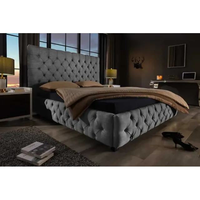 Design Boxbett PARIS 180x200cm – Lit double Chesterfield en lin gris avec cadre robuste