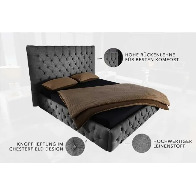 Design Boxbett PARIS 180x200cm – Lit double Chesterfield en lin gris avec cadre robuste
