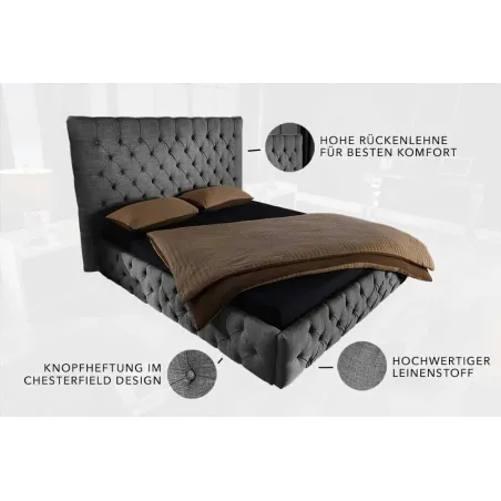 Design Boxbett PARIS 180x200cm – Lit double Chesterfield en lin gris avec cadre robuste