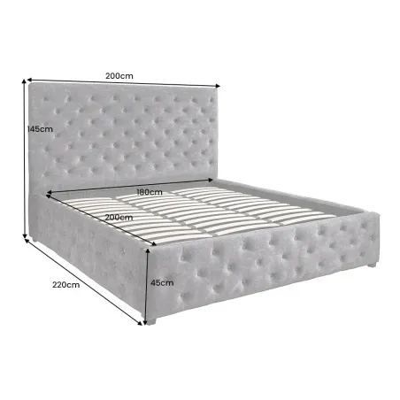 Boxbett PARIS 180x200cm – Lit double Chesterfield en velours gris avec coffre de rangement, matelas et topper inclus