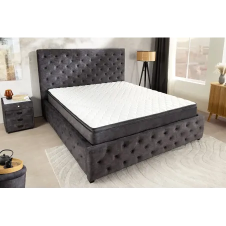 Boxbett PARIS 180x200cm – Lit double Chesterfield en velours gris avec coffre de rangement, matelas et topper inclus