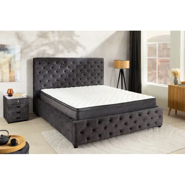 Boxbett PARIS 180x200cm – Lit double Chesterfield en velours gris avec coffre de rangement, matelas et topper inclus Boxbett PARIS 180x200cm – Lit double Chesterfield en velours gris avec coffre de rangement, matelas et topper inclus