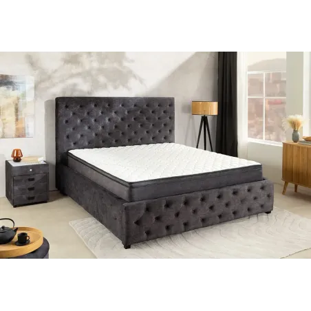 Boxbett PARIS 180x200cm – Lit double Chesterfield en velours gris avec coffre de rangement, matelas et topper inclus
