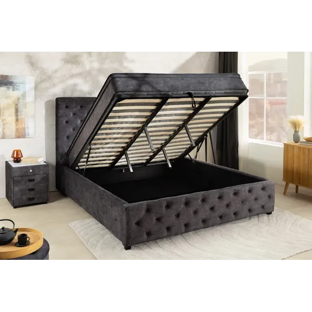 Boxbett PARIS 180x200cm – Lit double Chesterfield en velours gris avec coffre de rangement, matelas et topper inclus Boxbett PARIS 180x200cm – Lit double Chesterfield en velours gris avec coffre de rangement, matelas et topper inclus